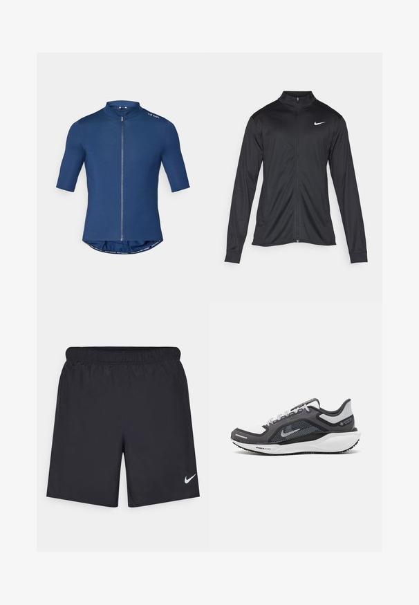 Juodas sportinis švarkas su ilgomis rankovėmis, apykakle ir pilnu užtrauktuku. Yra subtilus baltas Nike logotipas kairėje krūtinės pusėje. Lygus tekstūra.; Tamsiai mėlynas trumpomis rankovėmis dviratininko džersis su pilnu užtrauktuku, aukštu apykakle ir apvaliu sijonu. Pagamintas iš lygios, elastingos medžiagos.; Juodos sportinės šortai, pagaminti iš lengvos medžiagos, su elastingu juosmeniu. Ant apatinės kairės pusės yra mažas baltas Nike logotipas.; Juodas ir pilkas sportinis batelis su tinkleliu viršuje, atspindinčiais akcentais ir balta vidurinė dalimi. Yra tekstūruota guminė išorinė pada ir raišteliai.