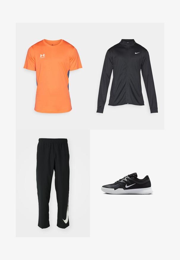Must värvi sportlik jakk pikkade varrukatega, krae ja täispikk tõmblukk. Ülemises vasakus rinnas on diskreetne valge Nike logo. Sile tekstuur.; Sportlik T-särk erksas oranžis, lühikeste varrukatega, ümmarguse kaelusega ja tumedama sinise külgpaneeliga. Rinnal on valge logo.; Mustad mustad sportlikud püksid elastse vöökohtadega, kitseneva disainiga, millel on vasakul jalal suur valge Nike logo. Pehme, kerge kangas.; Must mustad jalanikesad rikaste ülaservaga, valge Nike swoosh'i ja valge kummist välispõhjaga. Omab paeltega sulgemisdetaili ja dünaamilist kuju.