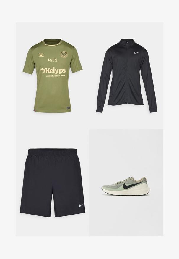 Musta urheilutakki pitkillä hihoilla, kauluksella ja kokonaisella vetoketjulla. Täydentää hienovarainen Nike-logo valkoisena vasemmassa ylärinnassa. Litteä pinta.; Oliivivihreä Saint-Étienne jalkapallo paita, jossa beiget sponsorilogot ja joukkueen vaakuna rinnassa.; Mustat urheilushortsit, jotka on valmistettu kevyestä materiaalista ja joissa on joustava vyötärö. Alareunassa vasemmalla puolella on pieni valkoinen Nike-logo.; Nike Performance REVOLUTION 8 - Katujuoksukengät - army/black/jade horizon/phantom