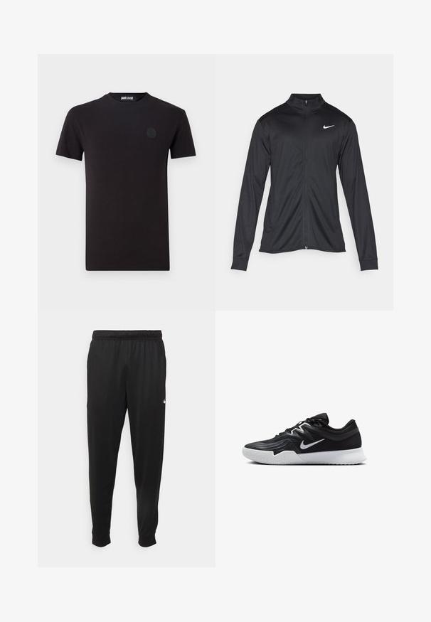 Jacket desportivo preto com mangas longas, colarinho e fecho zip completo. Apresenta um discreto logotipo da Nike em branco na parte superior do lado esquerdo do peito. Textura suave.; Camiseta de algodão preta com decote redondo e mangas curtas. Apresenta um pequeno logótipo circular na área do peito esquerdo.; Calças de desporto pretas feitas de tecido suave, com uma cintura elástica, pernas ajustadas e um pequeno logo branco no lado esquerdo.; Sapatilha atlética preta com um cabedal texturizado, swoosh branco da Nike e uma sola de borracha branca. Apresenta um design com atacadores e uma forma dinâmica.