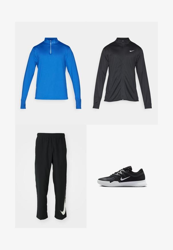 Sort atletisk jakke med lange ærmer, krave og fuld lynlås. Har et diskret Nike-logo i hvidt på den øverste venstre side af brystet. Glat tekstur.; Blå langærmet atletisk top med kvart lynlås-krave, der har et sømløst design og teksturerede skuldre for øget komfort.; Sorte træningsbukser med elastisk talje, der taper ind, og har et stort hvidt Nike-logo på venstre ben. Blødt, letvægtsstof.; Sort atletiksko med en tekstureret overdel, hvid Nike swoosh og en hvid gummisål. Har en snørret design og dynamisk form.