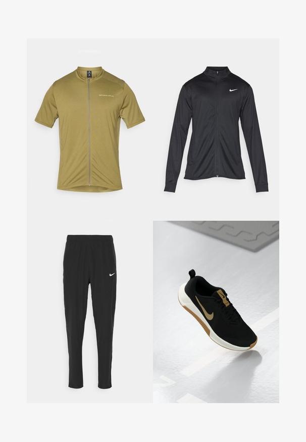 Zwarte sportjack met lange mouwen, kraag en volle rits. Voorzien van een subtiele Nike-logo in het wit op de bovenste linkerborst. Soepele textuur.; Korte mouwen fietsshirt in olijfgroen, met een volledige frontrits. Heeft een opstaande kraag en een subtiele logo op de bovenste linkerzijde.; Zwarte sportbroek gemaakt van lichtgewicht stof, met een elastische tailleband en een wit Nike-logo op de linkerdij.; Zwarte sportschoen met een gestructureerde bovenkant, voorzien van een gouden Nike swoosh, witte tussenzool en een gumrubberen buitenzool.