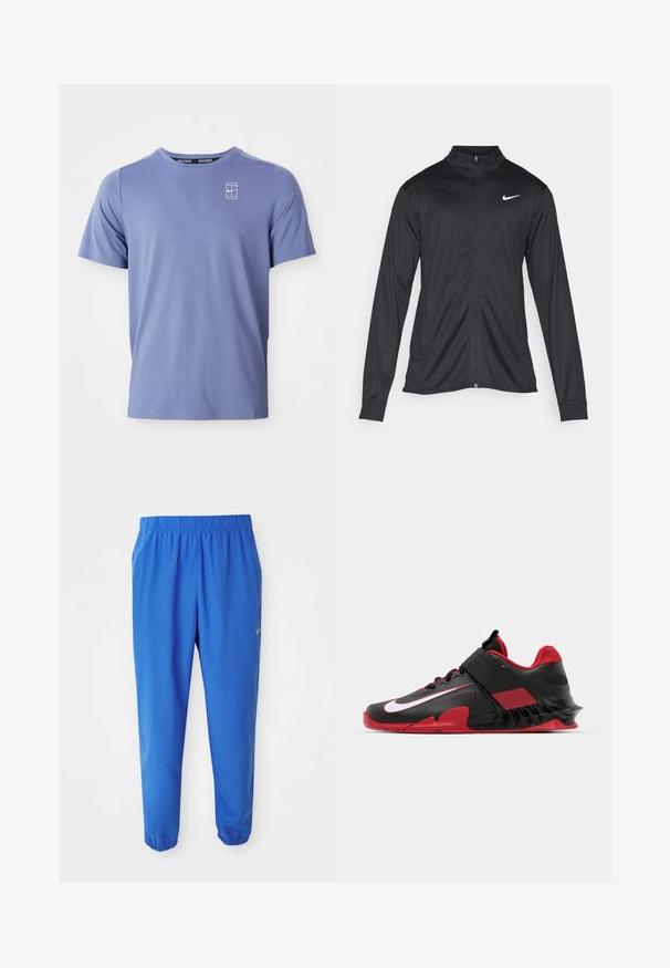 Črna atletska jakna z dolgimi rokavi, ovratnikom in polnim zadrgo. Vključuje diskreten bel Nike logotip na zgornjem levem delu prsnega koša. Gladka tekstura.; Svijetloplava kratkodlaka majica od glatkog materijala. Sadrži mali bijeli logo na lijevoj strani prsnog koša i klasični dizajn okruglog izreza.; Modre atletske hlače z elastičnim pasom, ravnim krojem in zoženimi manšetami. Značilnost je Nike logo v zlatem na levi strani.; Črne in rdeče atletske teniske z elegantnim dizajnom, teksturiranim mrežastim zgornjim delom, trdnim gumijastim podplatom in izpostavljenim belim logotipom.