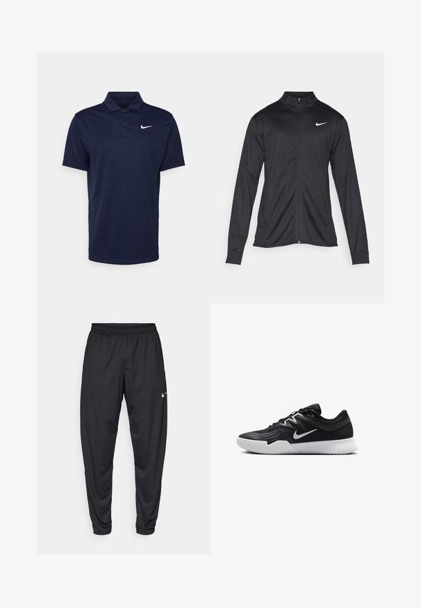 Juodas sportinis švarkas su ilgomis rankovėmis, apykakle ir pilnu užtrauktuku. Yra subtilus baltas Nike logotipas kairėje krūtinės pusėje. Lygus tekstūra.; Tamsiai mėlynas polo marškinėliai, pagaminti iš lygaus audinio, su trimis mygtukais, trumpomis rankovėmis ir mažu balta Nike logotipu ant krūtinės.; Juodos sportinės kelnės su elastine juosta, siaurėjančiomis kojomis ir mažu baltu Nike logotipu kairėje šlaunyje. Sklandus audinys, be raštų.; Juodos sportinės bateliai su tekstūruota viršutine dalimi, balta Nike swoosh ir balta gumine išorine dalimi. Yra su raištelių užsegimo dizainu ir dinamine forma.