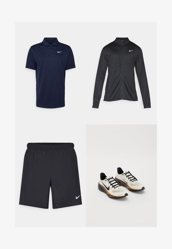 Giacca sportiva nera con maniche lunghe, colletto e zip completa. Presenta un logo Nike in bianco sulla parte superiore del lato sinistro del petto. Tessuto morbido.; Polo shirt blu navy realizzato in tessuto liscio, con un colletto a tre bottoni, maniche corte e un piccolo logo Nike bianco sul petto.; Shorts sportivi neri realizzati in materiale leggero con vita elastica. Presentano un piccolo logo Nike bianco sul lato sinistro in basso.; Scarpe da corsa Nike con tomaia in mesh bianco, lacci neri, suola arancione e nera con dettagli maculati e design traspirante.