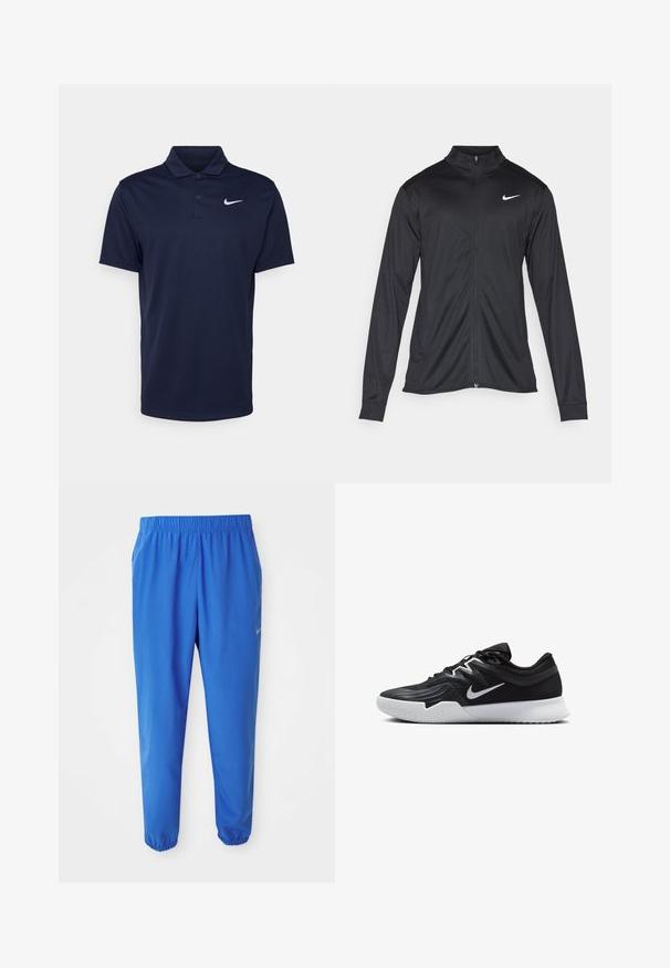 Crna sportska jakna s dugim rukavima, ovratnikom i punim patentnim zatvaračem. Ima suptilan Nike logo u bijeloj boji na gornjem lijevom dijelu prsne oznake. Glatka tekstura.; Polo majica tamnoplave boje od glatkog materijala, s tri dugmeta, kratkim rukavima i malim bijelim Nike logom na prsima.; Plave atletske hlače s elastičnim pojasom, ravnim dizajnom nogavica i sužavajućim porubima. Sadrži Nike logo u zlatnoj boji na lijevoj strani.; Crna sportska cipela s teksturiranim gornjim dijelom, bijelim Nike swooshom i bijelim gumennim potplatom. Ima dizajn s vezanjem i dinamičan oblik.