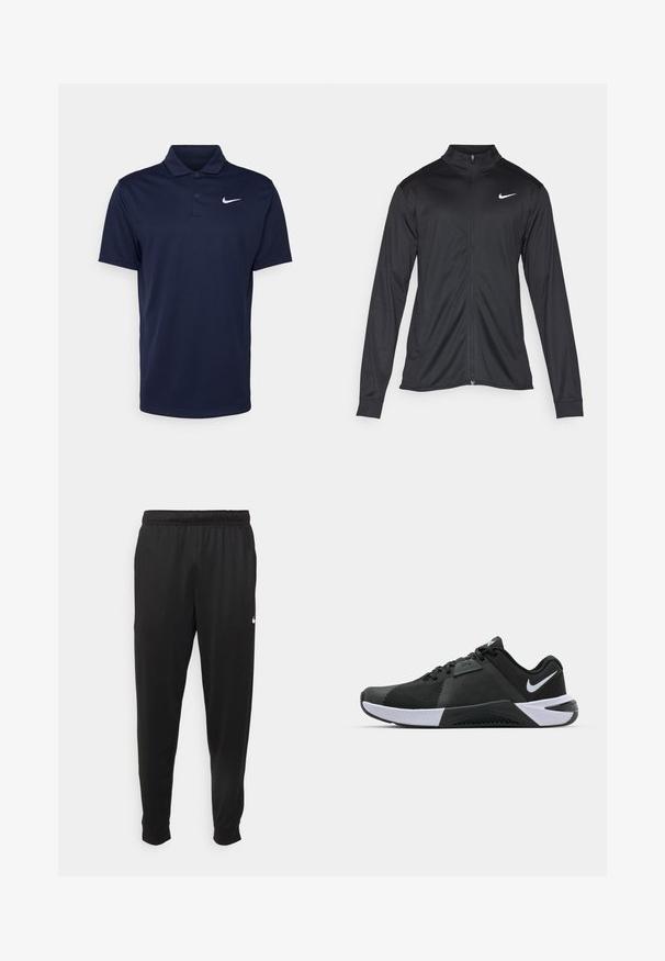 Veste de sport noire à manches longues, avec col et fermeture éclair intégrale. Présente un logo Nike subtil en blanc sur le côté supérieur gauche de la poitrine. Texture lisse.; Polo bleu marine en tissu lisse, doté d'une patte de boutonnage à trois boutons, de manches courtes et d'un petit logo Nike blanc sur la poitrine.; Pantalon de sport noir en tissu lisse, avec une taille élastique, des jambes fuselées et un petit logo blanc sur le côté gauche.; Nike Performance METCON 10 - Chaussures fitness - black/white/anthracite