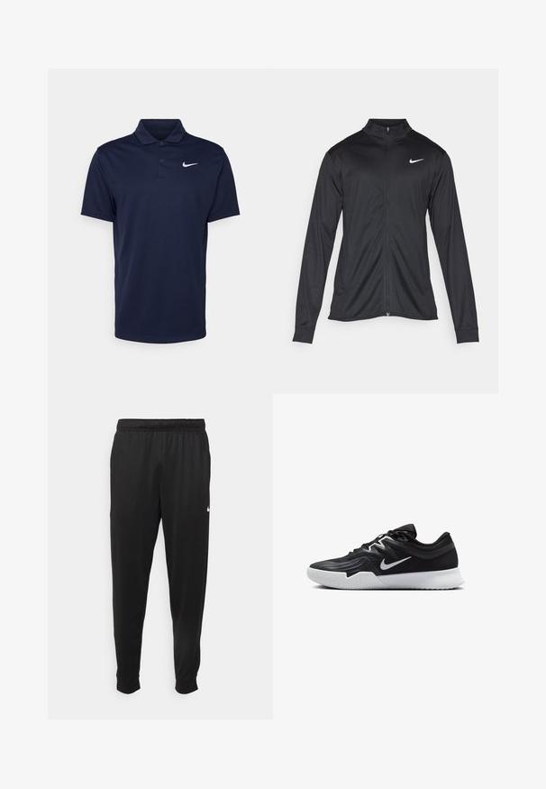 Must värvi sportlik jakk pikkade varrukatega, krae ja täispikk tõmblukk. Ülemises vasakus rinnas on diskreetne valge Nike logo. Sile tekstuur.; Tumedat sinine polo särk, mis on valmistatud siledast kangast, kolme nööbiga riideehe, lühikeste varrukatega ja väikese valge Nike logo'ga rinnal.; Mustad mustekad athletic-püksid sujuvast kangast, elastse vöökoha, kitsenevate jalgade ja väikese valge logoga vasakul küljel.; Must mustad jalanikesad rikaste ülaservaga, valge Nike swoosh'i ja valge kummist välispõhjaga. Omab paeltega sulgemisdetaili ja dünaamilist kuju.
