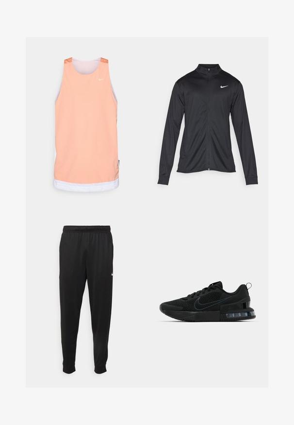Jacket desportivo preto com mangas longas, colarinho e fecho zip completo. Apresenta um discreto logotipo da Nike em branco na parte superior do lado esquerdo do peito. Textura suave.; Top sem mangas em malha pêssego com detalhes brancos, apresentando um decote redondo e o logótipo da Nike no canto superior esquerdo.; Calças de desporto pretas feitas de tecido suave, com uma cintura elástica, pernas ajustadas e um pequeno logo branco no lado esquerdo.; Tênis esportivo Nike preto com parte superior em malha, sola de borracha, colarinho acolchoado e um distinto detalhe transparente no calcanhar.