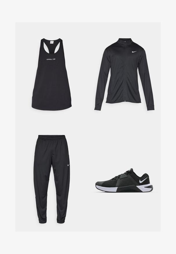 Fekete sportdzseki hosszú ujjal, gallérral és teljes cipzárral. Diszkrét fehér Nike logóval az upper bal mellen. Sima textúra.; Fekete, puha anyagból készült üzleti tank top, kerek nyakkivágással és racerback fazonnal, elöl fehér felirattal: "ICANIWILL | CIW".; Fekete sportnadrág elasztikus derékpánttal, szűkülő lábakkal és egy kisebb fehér Nike logóval a bal combon. Sima anyag, nincs mintázat.; Nike Performance METCON 10 - Edzőcipő - black/white/anthracite