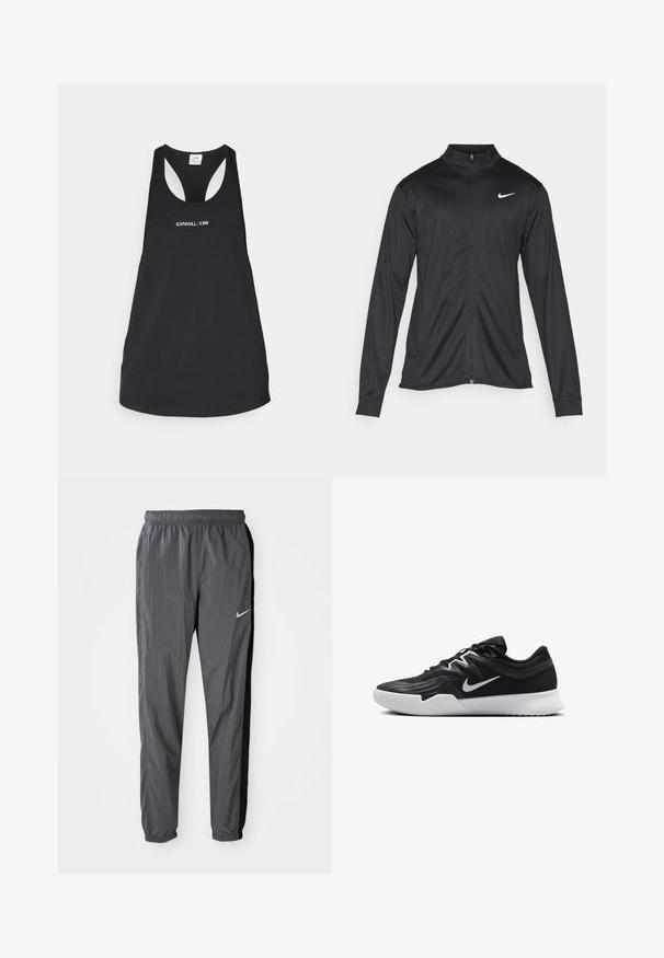 Melna sporta jaka ar garām piedurknēm, apkakli un pilnu rāvējslēdzēju. Uz kreisā krūts augšdaļas ir maigs Nike logo baltā krāsā. Gluda tekstūra.; Melnas bez piedurknēm T-krekls, izgatavots no mīkstas auduma, ar apaļu apaļu kakla izgriezumu un sportisku aizmuguri, ar baltu tekstu "ICANIWILL | CIW" uz priekšpuses.; Nike sporta bikses, izgatavotas no viegla auduma, tumši pelēkā krāsā ar melnām sānu paneļiem. Iezīme – elastīga josta un atstarojošs logo.; Melni sporta apavi ar teksturētu virsu, balto Nike zulumu un balto gumijas zoli. Iezīmējas ar auklu pievilkšanas dizainu un dinamisku formu.