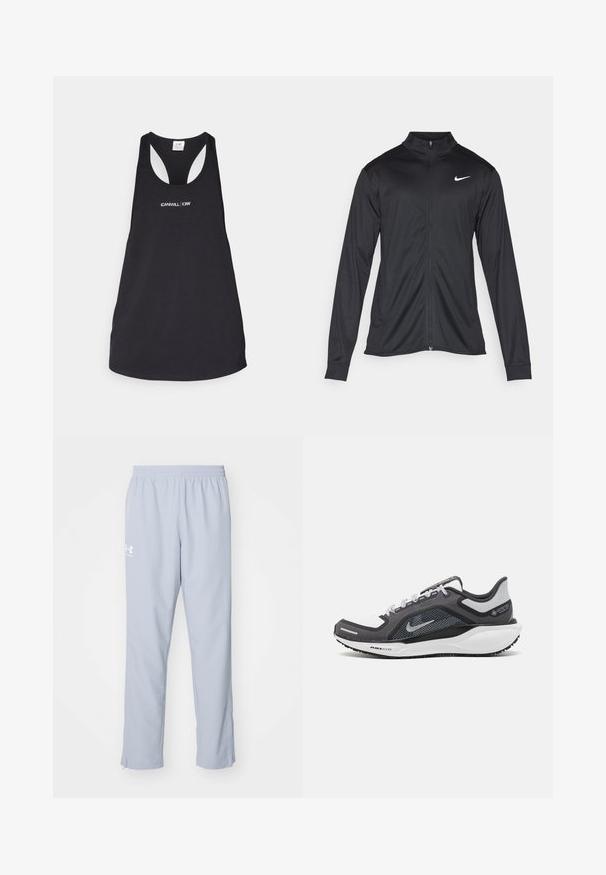 Fekete sportdzseki hosszú ujjal, gallérral és teljes cipzárral. Diszkrét fehér Nike logóval az upper bal mellen. Sima textúra.; Fekete, puha anyagból készült üzleti tank top, kerek nyakkivágással és racerback fazonnal, elöl fehér felirattal: "ICANIWILL | CIW".; Világoskék sportnadrág elasztikus derékrésszel, oldalsó zsebekkel és bokáig érő cipzárokkal. Az állványa a bal combon egy fehér logóval rendelkezik.; Fekete és szürke sportcipő, hálós felsőrésszel, fényvisszaverő részletekkel és fehér középtalppal. A talpa texturált gumiból készült, és fűzőkkel rendelkezik.