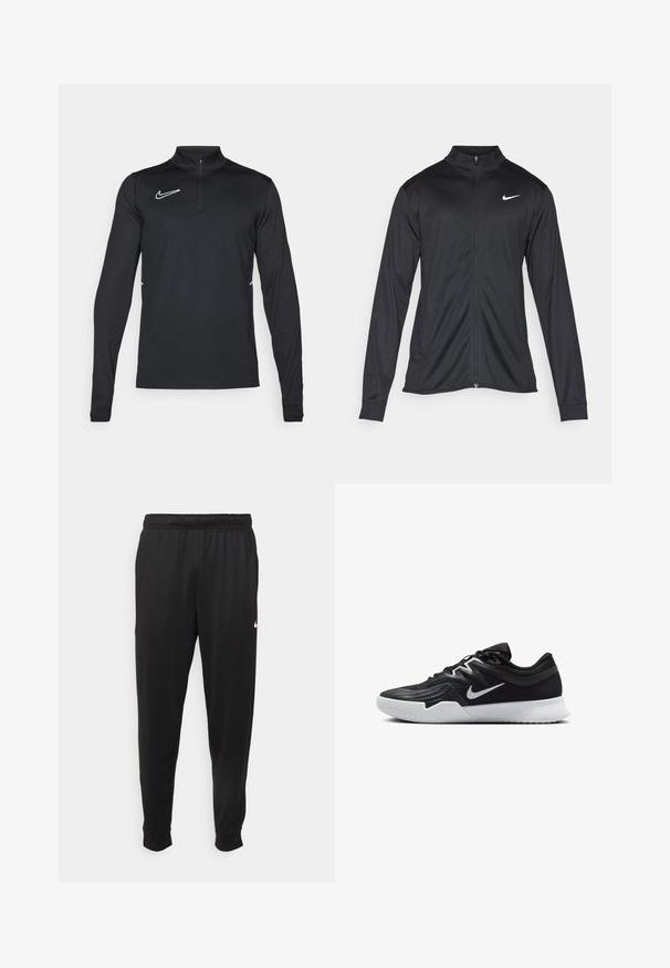 Sort atletisk jakke med lange ærmer, krave og fuld lynlås. Har et diskret Nike-logo i hvidt på den øverste venstre side af brystet. Glat tekstur.; Langærmet sort træningsskjorte med kvart lynlås, Nike-logo i hvidt og kontrasterende hvide sidestriber. Glat stofstruktur.; Sorte atletiske bukser lavet af glat stof, med elastisk talje, smalnende ben og et lille hvidt logo på venstre side.; Sort atletiksko med en tekstureret overdel, hvid Nike swoosh og en hvid gummisål. Har en snørret design og dynamisk form.