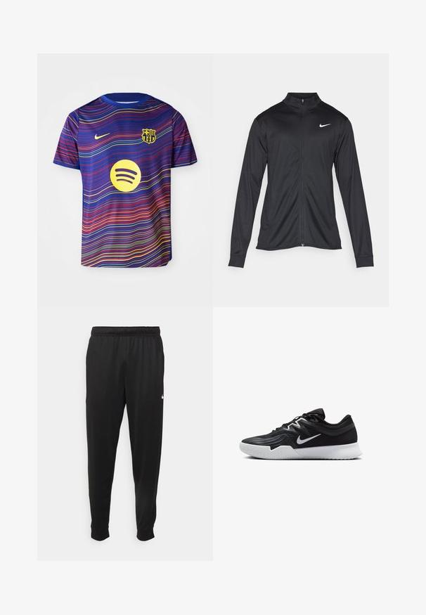 Zwarte sportjack met lange mouwen, kraag en volle rits. Voorzien van een subtiele Nike-logo in het wit op de bovenste linkerborst. Soepele textuur.; Barcelona voetbalt-shirt in het blauw met rode en gele golfpatronen. Bevat een Nike-logo en een geel Spotify-logo aan de voorkant.; Zwarte sportbroek gemaakt van gladde stof, met een elastische tailleband, taps toelopende pijpen en een klein wit logo aan de linkerzijde.; Zwarte sportieve schoen met een gestructureerde bovenkant, witte Nike swoosh en een witte rubberen zool. Beschikt over een veterontwerp en een dynamische vorm.