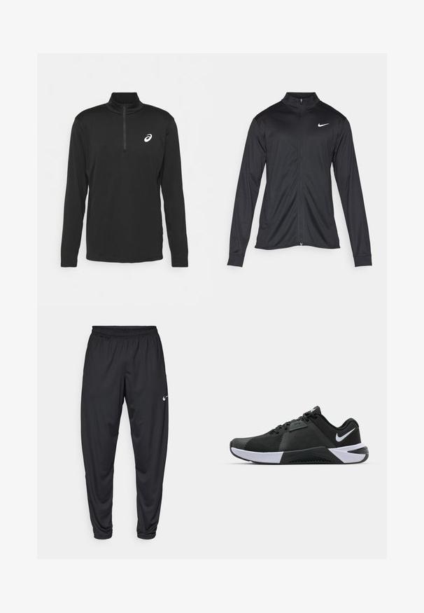 Svart idrettsjakke med lange ermer, krage og full glidelås. Har en subtil Nike-logo i hvitt på øvre venstre bryst. Glatt tekstur.; ASICS CORE - Topper langermet - performance black; Svarte treningbukser med elastisk midje, avsmalnende ben og en liten hvit Nike-logo på venstre lår. Glatt stoff, ingen mønstre.; Nike Performance METCON 10 - Treningssko - black/white/anthracite