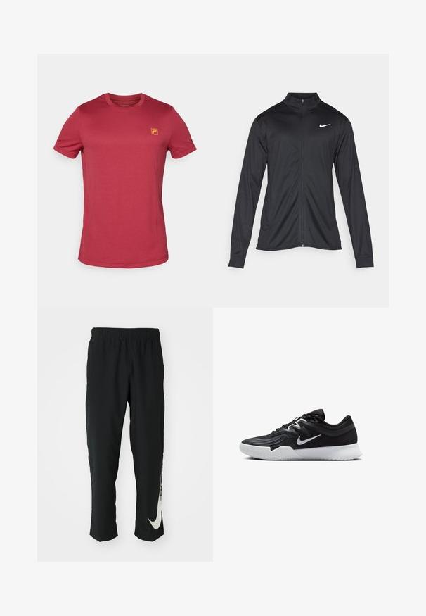 Must värvi sportlik jakk pikkade varrukatega, krae ja täispikk tõmblukk. Ülemises vasakus rinnas on diskreetne valge Nike logo. Sile tekstuur.; Punane lühikese varrukaga t-särk, mis on valmistatud tekstuurilisest kangast, millel on vasakul rinnakorvil väike kollane logo. Ümmargune kaelus ja tavaline lõige.; Mustad mustad sportlikud püksid elastse vöökohtadega, kitseneva disainiga, millel on vasakul jalal suur valge Nike logo. Pehme, kerge kangas.; Must mustad jalanikesad rikaste ülaservaga, valge Nike swoosh'i ja valge kummist välispõhjaga. Omab paeltega sulgemisdetaili ja dünaamilist kuju.