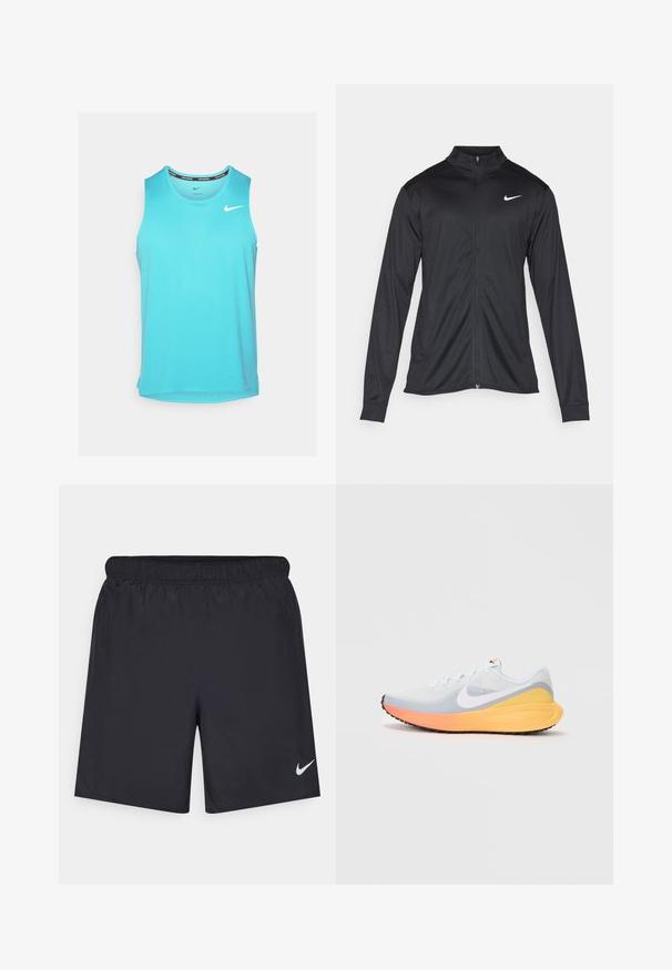 Μαύρο αθλητικό μπουφάν με μακριά μανίκια, γιακά και πλήρη φερμουάρ. Διαθέτει ένα διακριτικό λευκό λογότυπο της Nike στη πάνω αριστερή πλευρά του στήθους. Λείος υφασμάτινος χαρακτήρας.; Ανοιχτό μπλε αμάνικο αθλητικό μπλουζάκι με στρογγυλή λαιμόκοψη και λογότυπο Nike στο αριστερό στήθος, κατασκευασμένο από αναπνεύσιμο ύφασμα.; Μαύρες αθλητικές βερμούδες από ελαφρύ υλικό με ελαστική μέση. Διαθέτουν ένα μικρό λευκό λογότυπο Nike στην κάτω αριστερή πλευρά.; Ανοιχτό μπλε αθλητικό παπούτσι με αε breathable mesh επάνω μέρος. Έχει λευκή σφουγγαρίστρα, πορτοκαλί και κίτρινη ενδιάμεση σόλα και μαύρη σόλα για πρόσφυση.