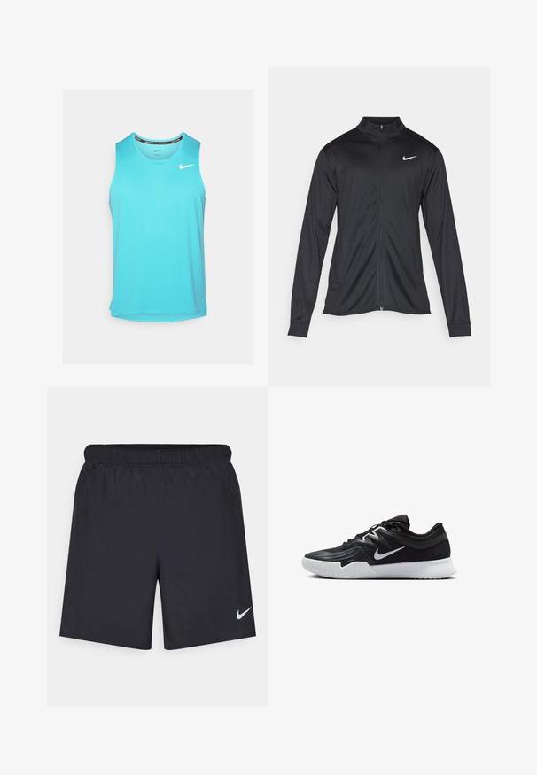 Jachetă sportivă neagră cu mâneci lungi, guler și fermoar complet. Prezintă un logo Nike subtil, alb, pe pieptul din stânga sus. Textură netedă.; Tricou sportiv fără mânici, de culoare albastru deschis, cu un decolteu rotund și logo-ul Nike pe partea stângă a pieptului, confecționat dintr-un material respirabil.; Pantaloni scurți atletici negri, fabricați dintr-un material ușor, cu un talie elastică. Au un mic logo alb Nike în partea stângă jos.; Pantof sport negru cu un superior texturat, swoosh alb Nike și o tălpică din cauciuc alb. Dispune de un design cu șireturi și o formă dinamică.