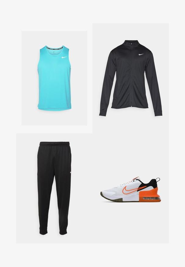 Svart idrottsjacka med långa ärmar, krage och full dragkedja. Har en diskret Nike-logga i vitt på övre vänstra bröstet. Slät yta.; Ljusblå ärmlös atletisk tanktop med rundad halsringning och Nike-logotyp på vänster bröst, tillverkad av ventilerande tyg.; Svarta träningsbyxor i slät tyg, med elastisk midja, avsmalnande ben och en liten vit logotyp på vänster sida.; Vit sportskor med en texturerad mesh-övre, svarta och orange accenter, en tjock gummisula och en klar luftkudde-del vid hälen.