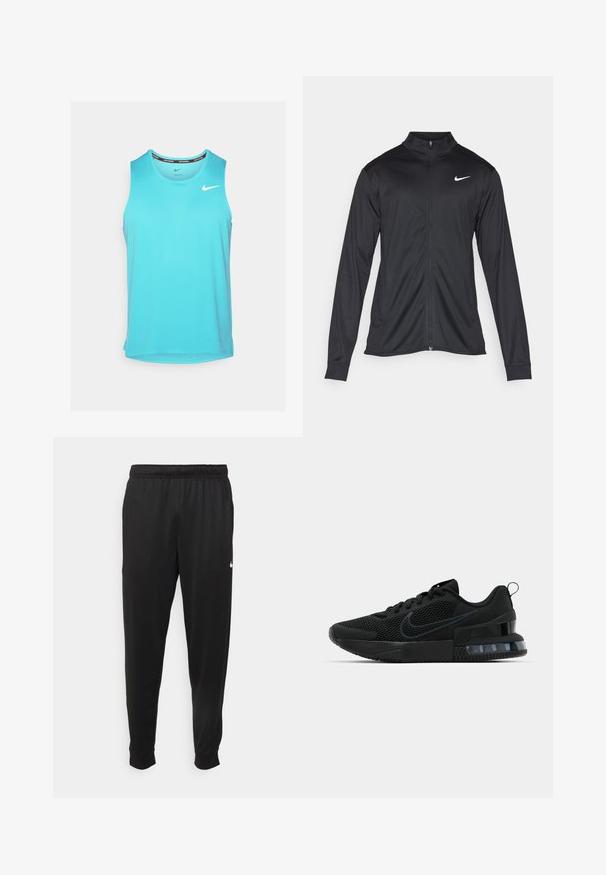 Jacket desportivo preto com mangas longas, colarinho e fecho zip completo. Apresenta um discreto logotipo da Nike em branco na parte superior do lado esquerdo do peito. Textura suave.; Top desportivo sem mangas azul claro com decote arredondado e logótipo da Nike no lado esquerdo do peito, feito de tecido respirável.; Calças de desporto pretas feitas de tecido suave, com uma cintura elástica, pernas ajustadas e um pequeno logo branco no lado esquerdo.; Tênis esportivo Nike preto com parte superior em malha, sola de borracha, colarinho acolchoado e um distinto detalhe transparente no calcanhar.