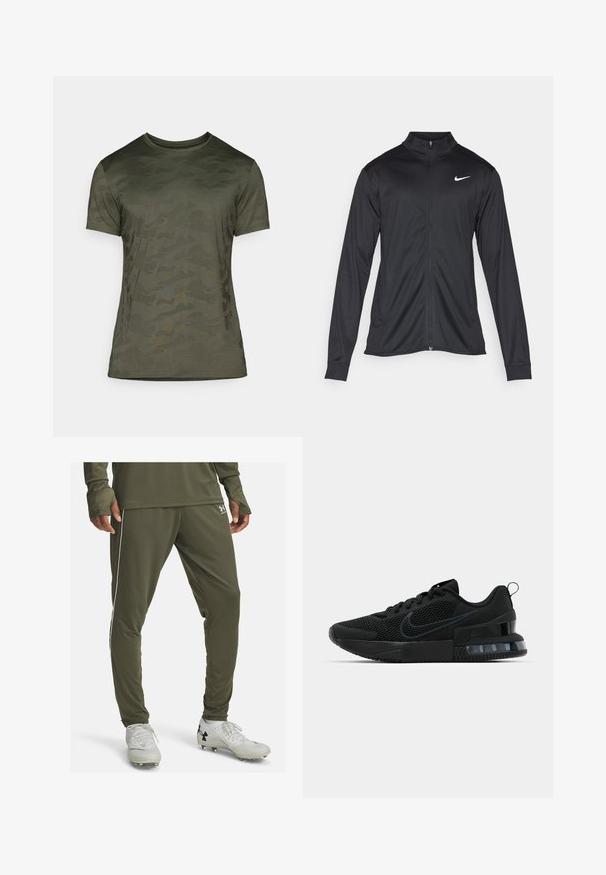 Sort atletisk jakke med lange ærmer, krave og fuld lynlås. Har et diskret Nike-logo i hvidt på den øverste venstre side af brystet. Glat tekstur.; Oliven grøn t-shirt med korte ærmer, der har et diskret camouflage mønster. Lavet af blødt stof med rund halsudskæring og en tætsiddende pasform.; Olivengrønne træningsbukser med hvide sidelameller, lavet af glat stof. Har elastisk talje og tætsiddende ben for et figursyet look.; Sort Nike sportsko med mesh-overdel, gummisål, polstret krave og en markant transparent hælaccent.