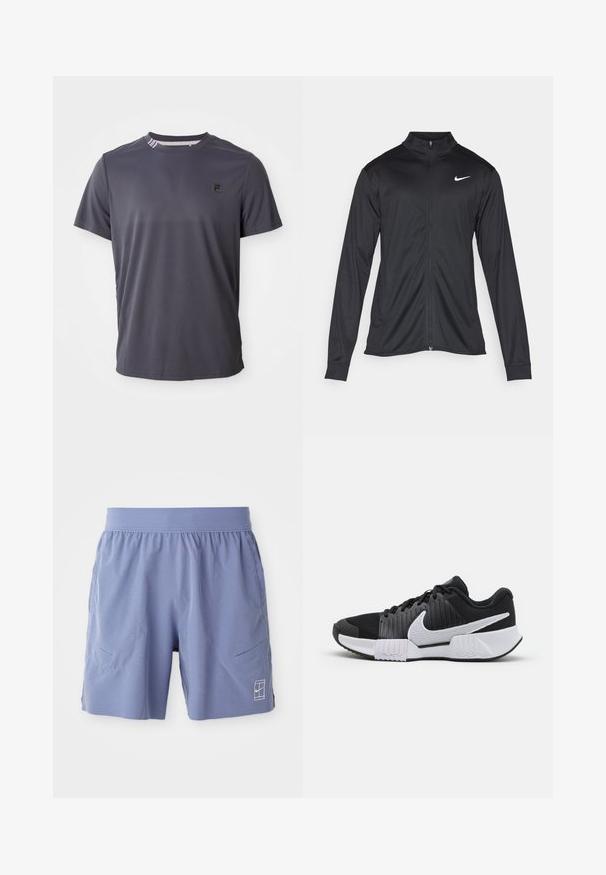 Svart idrettsjakke med lange ermer, krage og full glidelås. Har en subtil Nike-logo i hvitt på øvre venstre bryst. Glatt tekstur.; Mørkegrå kortermet treningstrøye med liten svart logo på venstre bryst og stripete detaljer inni kragen.; Lyseblå treningse shorts med elastisk midjebånd, to side-lommer og en liten hvit logo på nederste høyre front. Glatt tekstur.; Svart og hvite sportsko med teksturert overdel, forsterket hæl og fremtredende swoosh-logo. Flat såle med mønstret grep.