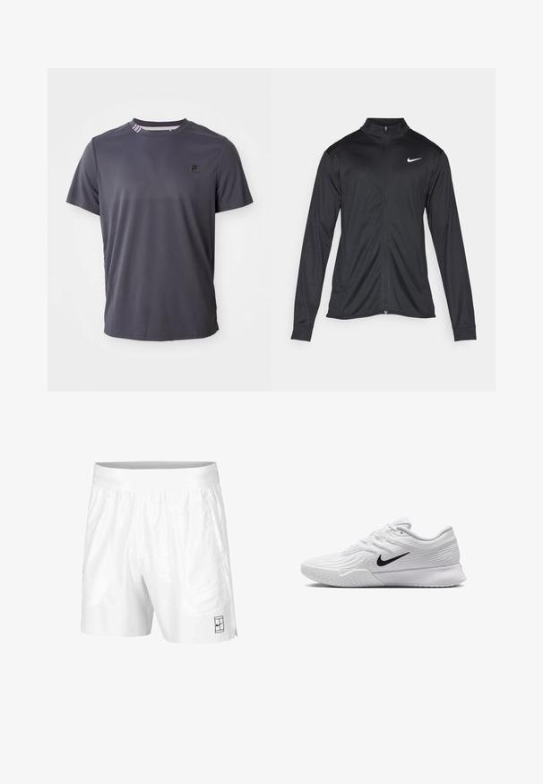 Fekete sportdzseki hosszú ujjal, gallérral és teljes cipzárral. Diszkrét fehér Nike logóval az upper bal mellen. Sima textúra.; Sötét szürke, rövid ujjú sport póló, kis fekete logóval a bal mellrészen és csíkos részletekkel a gallér belső részén.; Fehér atlétikai rövidnadrág, könnyű anyagból, rugalmas derékkal, két oldalsó zsebbel és egy kis fekete logóval az alján.; Fehér sportcipő texturált hálós anyaggal a felsőrészen, fekete Nike swoosh-zal, párnázott mandzsettával és gumitalppal, amelynek mintázata van.