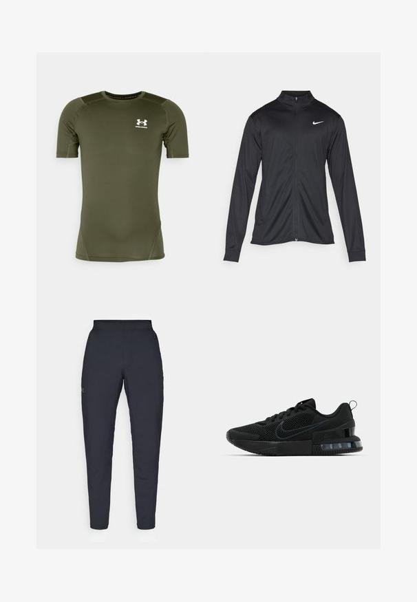Jachetă sportivă neagră cu mâneci lungi, guler și fermoar complet. Prezintă un logo Nike subtil, alb, pe pieptul din stânga sus. Textură netedă.; Tricou sportiv scurt, de culoare verde măslinie, confecționat dintr-un material neted și elastic. Are un logo alb Under Armour pe piept și cusături plate.; Pantaloni sportivi negri cu o textură fină, croială slim, talie elastică și buzunare laterale. Prezentă un mic logo pe coapsa stângă.; Pantofii atletici negri Nike au un superior din plasă, talpă din cauciuc, guler căptușit și un accent distinct transparent în călcâi.