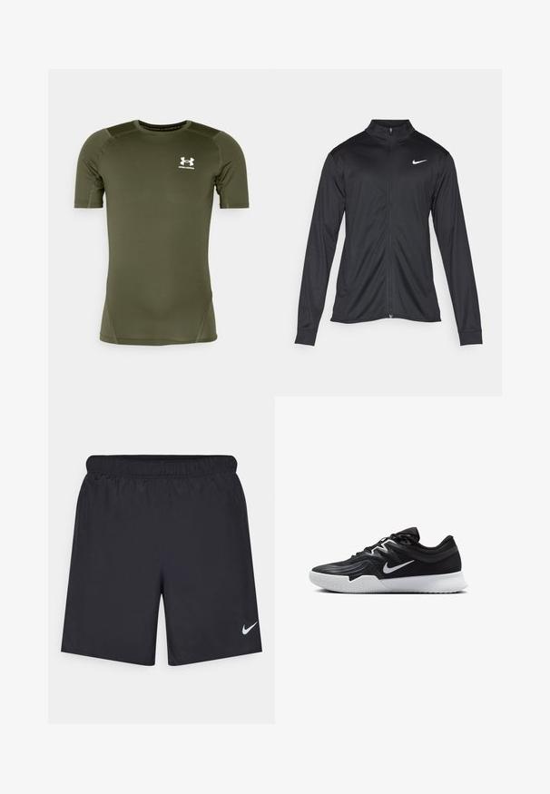 Čierna športová bunda s dlhými rukávmi, golierom a plným zipsom. Obsahuje nenápadné logo Nike v bielej farbe na hornej ľavej hrudi. Hladká textúra.; Olívovo zelené športové tričko s krátkymi rukávmi vyrobené z hladkej elastickej tkaniny. Obsahuje biele logo Under Armour na hrudi a ploché švy.; Čierne atletické šortky z ľahkého materiálu s elastickým pásom. Na dolnej ľavej strane majú malé biele logo Nike.; Čierna športová topánka s textúrovaným zvrškom, bielym logom Nike a bielou gumovou podrážkou. Má šnurovací dizajn a dynamický tvar.
