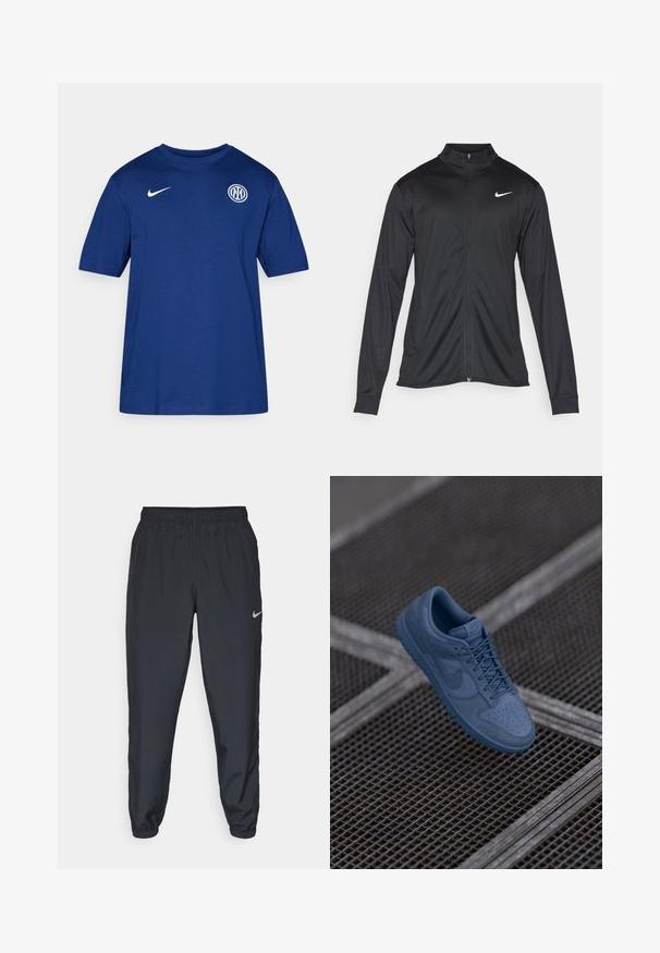Crna sportska jakna s dugim rukavima, ovratnikom i punim patentnim zatvaračem. Ima suptilan Nike logo u bijeloj boji na gornjem lijevom dijelu prsne oznake. Glatka tekstura.; Plava pamučna majica kratkih rukava s okruglim izrezom, s bijelim Nike logotipom na ramenu i okruglim grbom kluba na prsima.; Crne trenirke od laganog materijala s elastičnom trakom u struku, manžetama na gležnjevima i diskretnim Nike logom s lijeve strane.; Plave nubuk tenisice s glatkom površinom, perforiranim prednjim dijelom i usklađenim vezicama. Ima ušiveni Nike logo i teksturiranu gumu potplat.