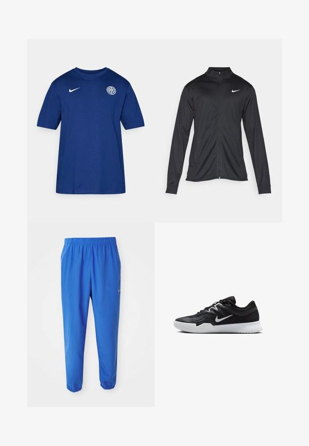 Črna atletska jakna z dolgimi rokavi, ovratnikom in polnim zadrgo. Vključuje diskreten bel Nike logotip na zgornjem levem delu prsnega koša. Gladka tekstura.; Modra bombažna majica s kratkimi rokavi in okroglim ovratnikom, ki ima bela Nikejeva logotip na rami in okroglo klubsko emblem na prsih.; Modre atletske hlače z elastičnim pasom, ravnim krojem in zoženimi manšetami. Značilnost je Nike logo v zlatem na levi strani.; Črne atletske čevlje z teksturirano zgornjico, belim Nike znakom in belim gumijastim zunanjim podplatom. Imajo vezalni dizajn in dinamično obliko.