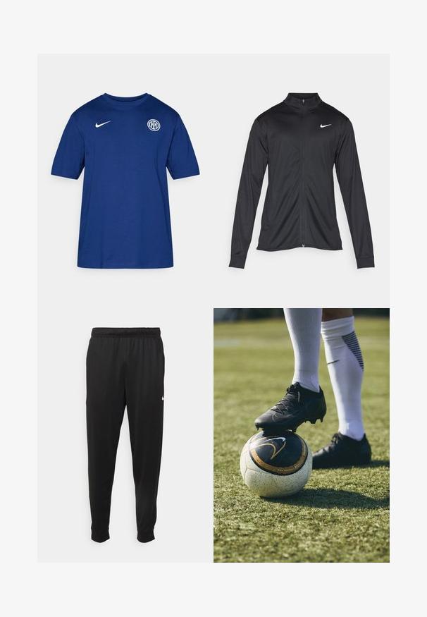 Jacket desportivo preto com mangas longas, colarinho e fecho zip completo. Apresenta um discreto logotipo da Nike em branco na parte superior do lado esquerdo do peito. Textura suave.; T-shirt de algodão azul de manga curta com gola redonda, apresentando um logo branco da Nike no ombro e um emblema redondo do clube no peito.; Calças de desporto pretas feitas de tecido suave, com uma cintura elástica, pernas ajustadas e um pequeno logo branco no lado esquerdo.; Chuteira de futebol preta sobre uma bola de futebol com padrão branco e preto, pousada em relva verde. A chuteira possui material texturizado e atacadores.