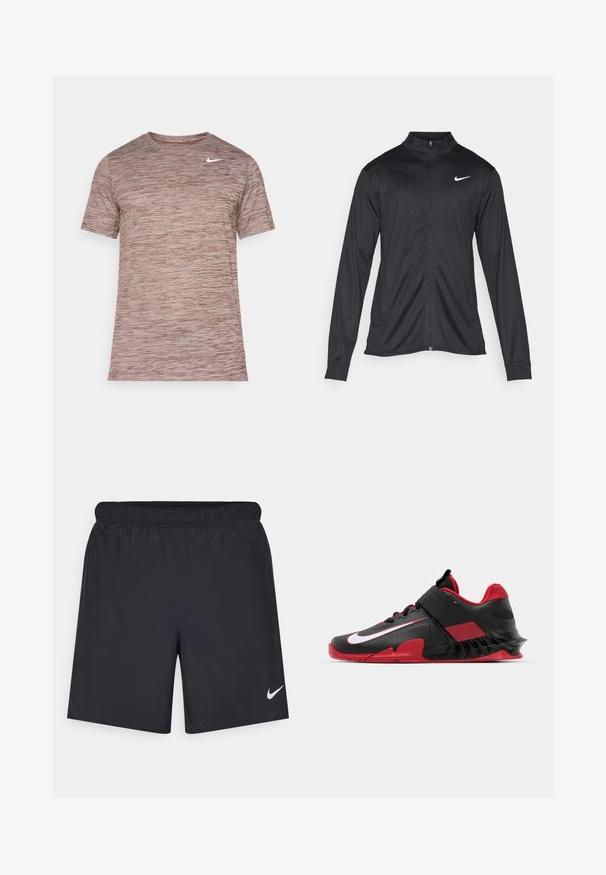 Fekete sportdzseki hosszú ujjal, gallérral és teljes cipzárral. Diszkrét fehér Nike logóval az upper bal mellen. Sima textúra.; Rövid ujjú sportpóló márványos világosbarna mintával, kerek nyakkivágással és kisméretű fehér Nike swoosh logóval a mellkasán.; Fekete sportnadrág könnyű anyagból, rugalmas derékkal. A bal alsó oldalon egy kis fehér Nike-logó található.; Fekete és piros sportcipők, amelyek karcsú dizájnnal, texturált hálós felső résszel, strapabíró gumitalppal és feltűnő fehér logóval rendelkeznek.