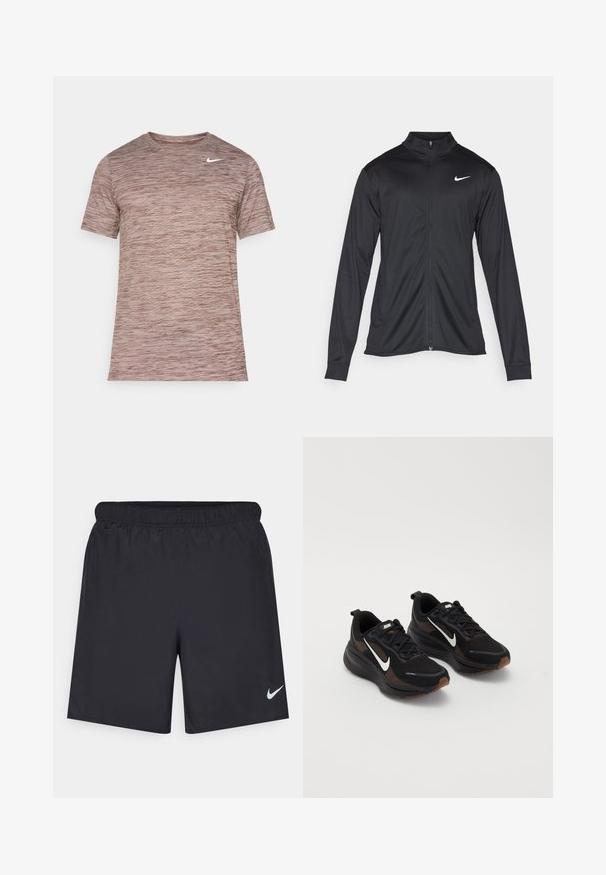Juodas sportinis švarkas su ilgomis rankovėmis, apykakle ir pilnu užtrauktuku. Yra subtilus baltas Nike logotipas kairėje krūtinės pusėje. Lygus tekstūra.; Trumpas rankovėmis sportinis marškinėliai, šviesiai rudame margame rašte, su apvaliu kaklu ir nemažu baltu "Nike" šauktuku ant krūtinės.; Juodos sportinės šortai, pagaminti iš lengvos medžiagos, su elastingu juosmeniu. Ant apatinės kairės pusės yra mažas baltas Nike logotipas.; Juodi sportiniai batai su kvėpuojančia tinklelio viršutine dalimi, balta Nike swoosh, tekstūruotu padu ir kontrastinėmis rudos spalvos detalėmis. Apima sustiprintą kulną.