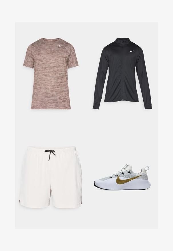 Musta urheilutakki pitkillä hihoilla, kauluksella ja kokonaisella vetoketjulla. Täydentää hienovarainen Nike-logo valkoisena vasemmassa ylärinnassa. Litteä pinta.; Lyhythihainen urheilupaita, jossa on harmaa vaaleanruskea kuvio, pyöreä kaula-aukko ja pieni valkoinen Nike-swoosh-logo rinnassa.; Vaaleanbeiget urheilushortsit, joissa on teksturoitu kangas, joustava vyötärö ja musta nauhakiinnitys. Mukana sivupusseja.; Valkoinen ja harmaa juoksukenkä, jossa on teksturoitu päällinen, suuri kultainen Nike-swoosh sivulla, mustat nauhakohdat, valkoinen pohja ja vetotappi kantapäässä.