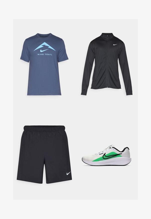 Chaqueta atlética negra con mangas largas, collar y cremallera completa. Presenta un sutil logo de Nike en blanco en la parte superior izquierda del pecho. Textura suave.; Camiseta de trail Nike azul marino, de manga corta, con cuello redondo, presenta un gran gráfico de montaña azul claro con un rayo y el logo.; Pantalones cortos deportivos negros hechos de un material ligero con una cintura elástica. Presenta un pequeño logo blanco de Nike en la parte inferior izquierda.; Zapatilla deportiva blanca con un acento verde, logo negro, parte superior de malla, suela acolchada y tacón redondeado. Presenta cordones y detalles en contraste.