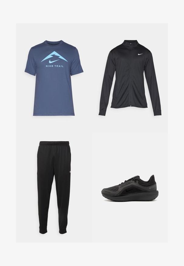 Svart idrettsjakke med lange ermer, krage og full glidelås. Har en subtil Nike-logo i hvitt på øvre venstre bryst. Glatt tekstur.; Mørkeblå Nike Trail t-skjorte, kortermet, rund hals, har stort lys blått fjellgrafikk med lynbolt og logo.; Svarte treningsbukser laget av glatt stoff, med elastisk midje, smale ben og en liten hvit logo på venstre side.; Svart atletisk sko med teksturert quiltet overdel, slank design og svart gummisåle. Har synlig logo og Gore-Tex-merke.