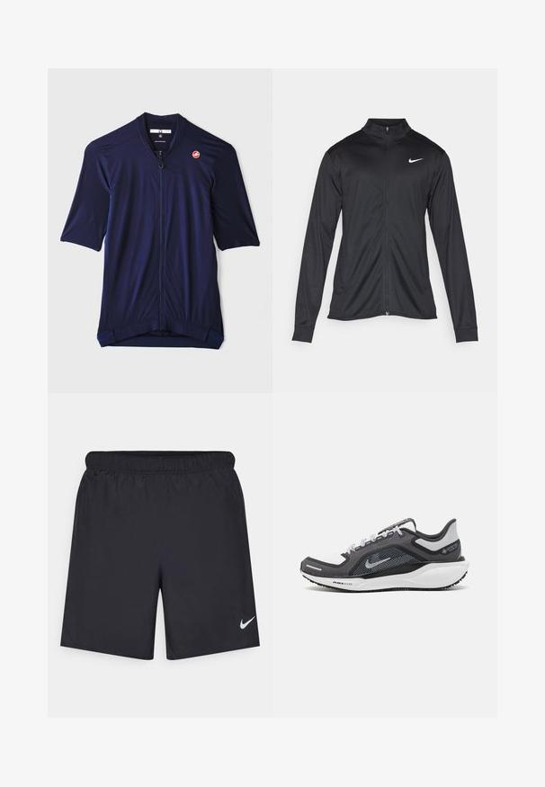 Črna atletska jakna z dolgimi rokavi, ovratnikom in polnim zadrgo. Vključuje diskreten bel Nike logotip na zgornjem levem delu prsnega koša. Gladka tekstura.; Morska kolesarska majica, kratki rokavi, poln zadrga spredaj, teksturirano blago, logotip Castelli na levem prsnem delu, zadnji rob podaljšan za dodatno pokritost.; Črne atletske kratke hlače iz lahkotnega materiala z elastičnim pasom. Imajo majhen bel Nike logo na spodnji levi strani.; Črne in sive atletske čevlje z mrežasto zgornjim delom, odsevnimi detajli in belim srednjim podplatom. Imajo strukturiran gumijast podplat in vezalke.