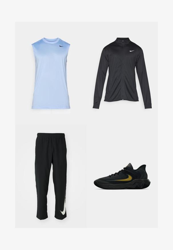 Black athletic jacket with long sleeves, collar, and full zipper. Features a subtle Nike logo in white on the upper left chest. Smooth texture.; Light blue sleeveless athletic shirt made of lightweight fabric, featuring a round neck and a small black Nike logo on the chest.; Black athletic pants with elastic waistband, tapering design, featuring a large white Nike logo on the left leg. Soft, lightweight fabric.; Black and dark gray athletic shoe with black laces and gold swoosh logo, featuring a wavy sole design and padded heel collar.
