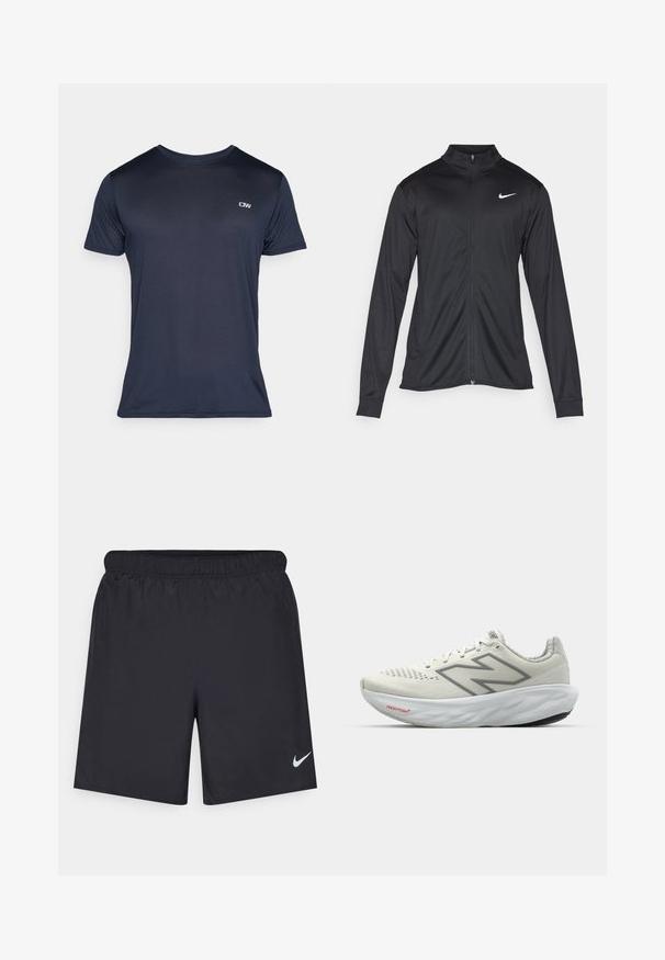 Fekete sportdzseki hosszú ujjal, gallérral és teljes cipzárral. Diszkrét fehér Nike logóval az upper bal mellen. Sima textúra.; Sötétkék, rövid ujjú póló bordázott anyagból, kis logóval a bal felső oldalon és klasszikus kerek nyakkivágással.; Fekete sportnadrág könnyű anyagból, rugalmas derékkal. A bal alsó oldalon egy kis fehér Nike-logó található.; Fehér futócipő szürke kiegészítőkkel. Hálós felsőrész, texturált talp és kiemelkedő "N" logó. Párnázott nyak és "Fresh Foam" címke jellemzi.