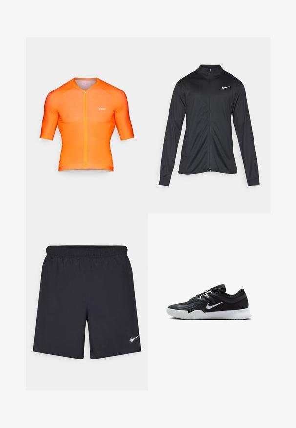 Jacket desportivo preto com mangas longas, colarinho e fecho zip completo. Apresenta um discreto logotipo da Nike em branco na parte superior do lado esquerdo do peito. Textura suave.; Jersey de ciclismo de mangas curtas em degradê laranja, feito de tecido elástico, com fecho zip na parte da frente, gola redonda e pequeno logo na frente.; Calças de desporto pretas feitas de material leve com uma cintura elástica. Apresenta um pequeno logótipo branco da Nike no canto inferior esquerdo.; Sapatilha atlética preta com um cabedal texturizado, swoosh branco da Nike e uma sola de borracha branca. Apresenta um design com atacadores e uma forma dinâmica.