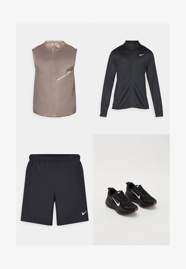 Juodas sportinis švarkas su ilgomis rankovėmis, apykakle ir pilnu užtrauktuku. Yra subtilus baltas Nike logotipas kairėje krūtinės pusėje. Lygus tekstūra.; Bezmugės paklotos liemenės taupe spalvos, su priekiniu užtrauktuku, matinio paviršiaus ir šoniniu kišeniu su baltu užtrauktuko akcentu. Lengvas audinys.; Juodos sportinės šortai, pagaminti iš lengvos medžiagos, su elastingu juosmeniu. Ant apatinės kairės pusės yra mažas baltas Nike logotipas.; Juodi sportiniai batai su kvėpuojančia tinklelio viršutine dalimi, balta Nike swoosh, tekstūruotu padu ir kontrastinėmis rudos spalvos detalėmis. Apima sustiprintą kulną.