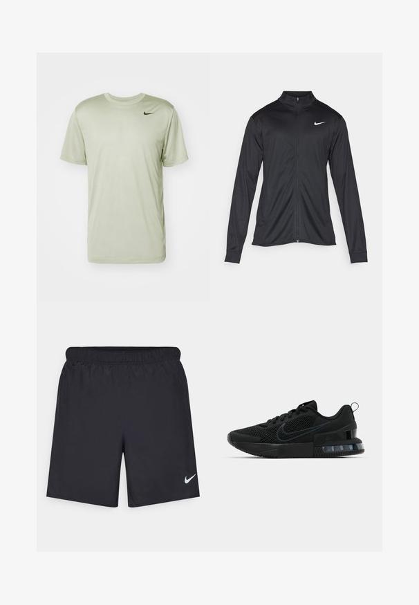 Čierna športová bunda s dlhými rukávmi, golierom a plným zipsom. Obsahuje nenápadné logo Nike v bielej farbe na hornej ľavej hrudi. Hladká textúra.; Nike Performance TEE RESET - Športové tričko - jade horizon; Čierne atletické šortky z ľahkého materiálu s elastickým pásom. Na dolnej ľavej strane majú malé biele logo Nike.; Čierna atletická obuv Nike so sieťovinovým zvrškom, gumovou podrážkou, polstrovaným golierom a výrazným priehľadným akcentom na podpätku.