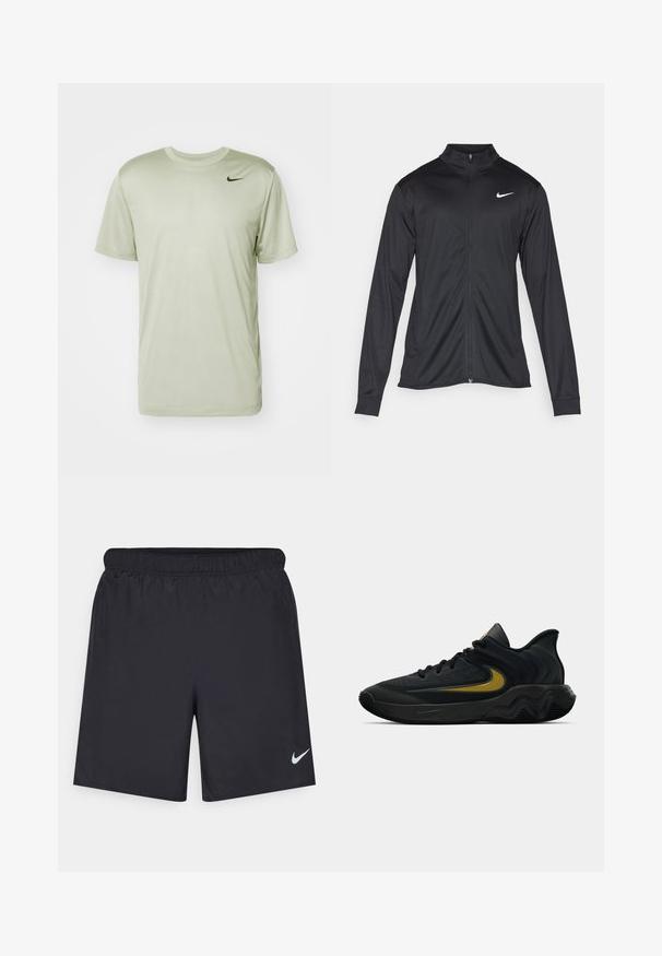 Jachetă sportivă neagră cu mâneci lungi, guler și fermoar complet. Prezintă un logo Nike subtil, alb, pe pieptul din stânga sus. Textură netedă.; Nike Performance TEE RESET - Bluză sport - jade horizon; Pantaloni scurți atletici negri, fabricați dintr-un material ușor, cu un talie elastică. Au un mic logo alb Nike în partea stângă jos.; Pantofii sport negri și gri închis, cu șireturi negre și logo-ul aurit sub formă de swoosh, având un design al tălpii în valuri și un guler căptușit la călcâi.