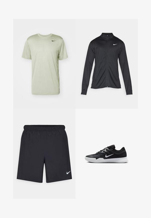 Fekete sportdzseki hosszú ujjal, gallérral és teljes cipzárral. Diszkrét fehér Nike logóval az upper bal mellen. Sima textúra.; Nike Performance TEE RESET - Sportfelső - jade horizon; Fekete sportnadrág könnyű anyagból, rugalmas derékkal. A bal alsó oldalon egy kis fehér Nike-logó található.; Fekete sportcipő texturált felsőrésszel, fehér Nike logóval és fehér gumitalppal. Fűzős kialakítással és dinamikus formával rendelkezik.