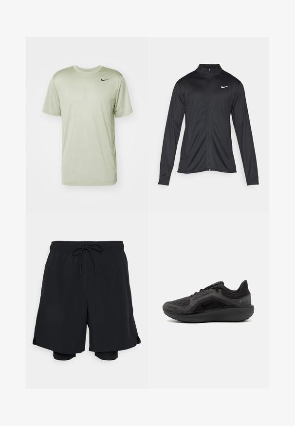 Svart idrettsjakke med lange ermer, krage og full glidelås. Har en subtil Nike-logo i hvitt på øvre venstre bryst. Glatt tekstur.; Nike Performance TEE RESET - T-skjorte til trening - jade horizon; Svarte idrettsshorts laget av lett stoff, med elastisk midje og snøring, samt en tettsittende innerbukse.; Svart atletisk sko med teksturert quiltet overdel, slank design og svart gummisåle. Har synlig logo og Gore-Tex-merke.
