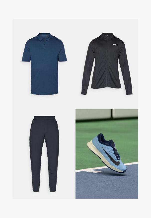 Schwarze Sportjacke mit langen Ärmeln, Kragen und voller Reißverschluss. Verfügt über ein dezentes Nike-Logo in Weiß auf der oberen linken Brust. Glatte Textur.; Navyblaue Kurzarm-Poloshirt aus weichem Stoff; hat einen klassischen Kragen, eine dreiknöpfige Knopfleiste und dezente Stickdetails.; Schwarze Sporthose mit glatter Textur, schlankem Schnitt, elastischem Bund und seitlichen Taschen. Mit einem kleinen Logo auf dem linken Oberschenkel.; Hellblaue Sportschuhe mit marineblauen Akzenten, strukturiertes Mesh-Obermaterial und schwarzem Swoosh-Logo. Verfügt über eine gepolsterte Zwischensohle und eine Gummilaufsohle.