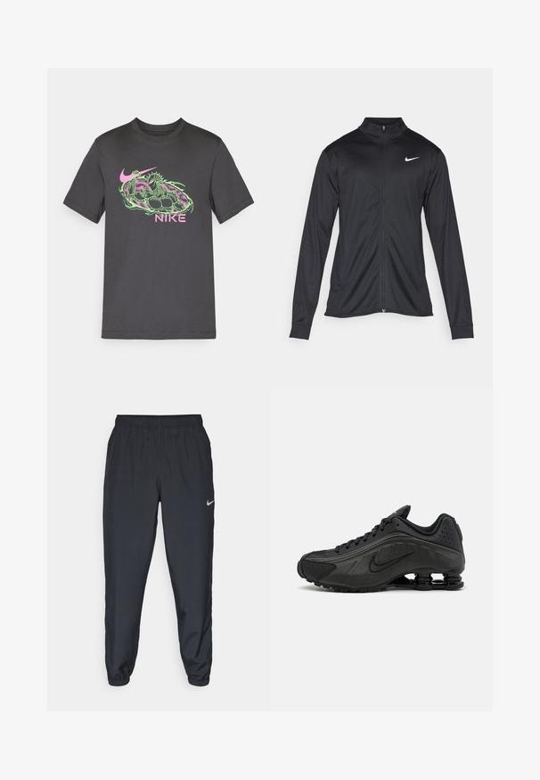 Veste de sport noire à manches longues, avec col et fermeture éclair intégrale. Présente un logo Nike subtil en blanc sur le côté supérieur gauche de la poitrine. Texture lisse.; T-shirt en coton gris foncé avec un design graphique vibrant en rose et vert, comprenant le logo Nike et une illustration détaillée.; Pantalon de jogging noir en tissu léger avec une ceinture élastique, des poignets aux chevilles et un logo Nike discret sur le côté gauche.; Baskets de course noires avec une tige en synthétique lisse, des accents perforés, des panneaux latéraux texturés et une semelle distincte et rebondissante.