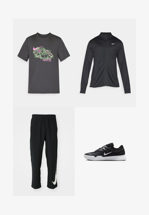 Svart idrettsjakke med lange ermer, krage og full glidelås. Har en subtil Nike-logo i hvitt på øvre venstre bryst. Glatt tekstur.; Mørk grå bomull T-skjorte med en livlig rosa og grønn grafisk design, inkludert Nike-logoen og en detaljert illustrasjon.; Svarte treningbukser med elastisk midje, smalere design, med en stor hvit Nike-logo på venstre bein. Myk, lett stoff.; Svart treningssko med teksturert overdel, hvit Nike-swoosh og hvit gummisåle. Har snøring og en dynamisk form.