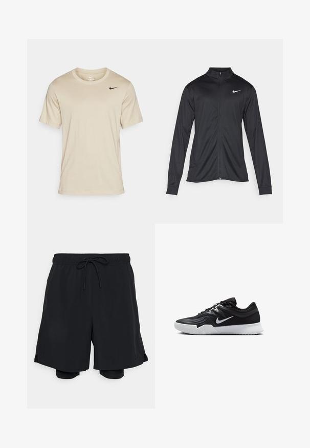 Must värvi sportlik jakk pikkade varrukatega, krae ja täispikk tõmblukk. Ülemises vasakus rinnas on diskreetne valge Nike logo. Sile tekstuur.; Beež lühikeste varrukatega T-särk, mis on valmistatud pehmest kangast, ümarate kaelustega ja musta Nike logo vasakul rinnus. Sile tekstuur.; Mustad mustad lühikesed püksid, mis on valmistatud kergest kangast, elastse vöökoha ja reguleeritava nööriga, ning neid sisepükse.; Must mustad jalanikesad rikaste ülaservaga, valge Nike swoosh'i ja valge kummist välispõhjaga. Omab paeltega sulgemisdetaili ja dünaamilist kuju.